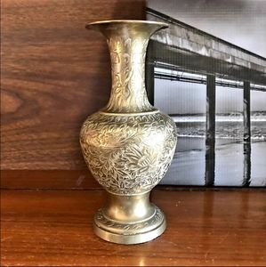 Vintage Etched Brass Vase Vessel